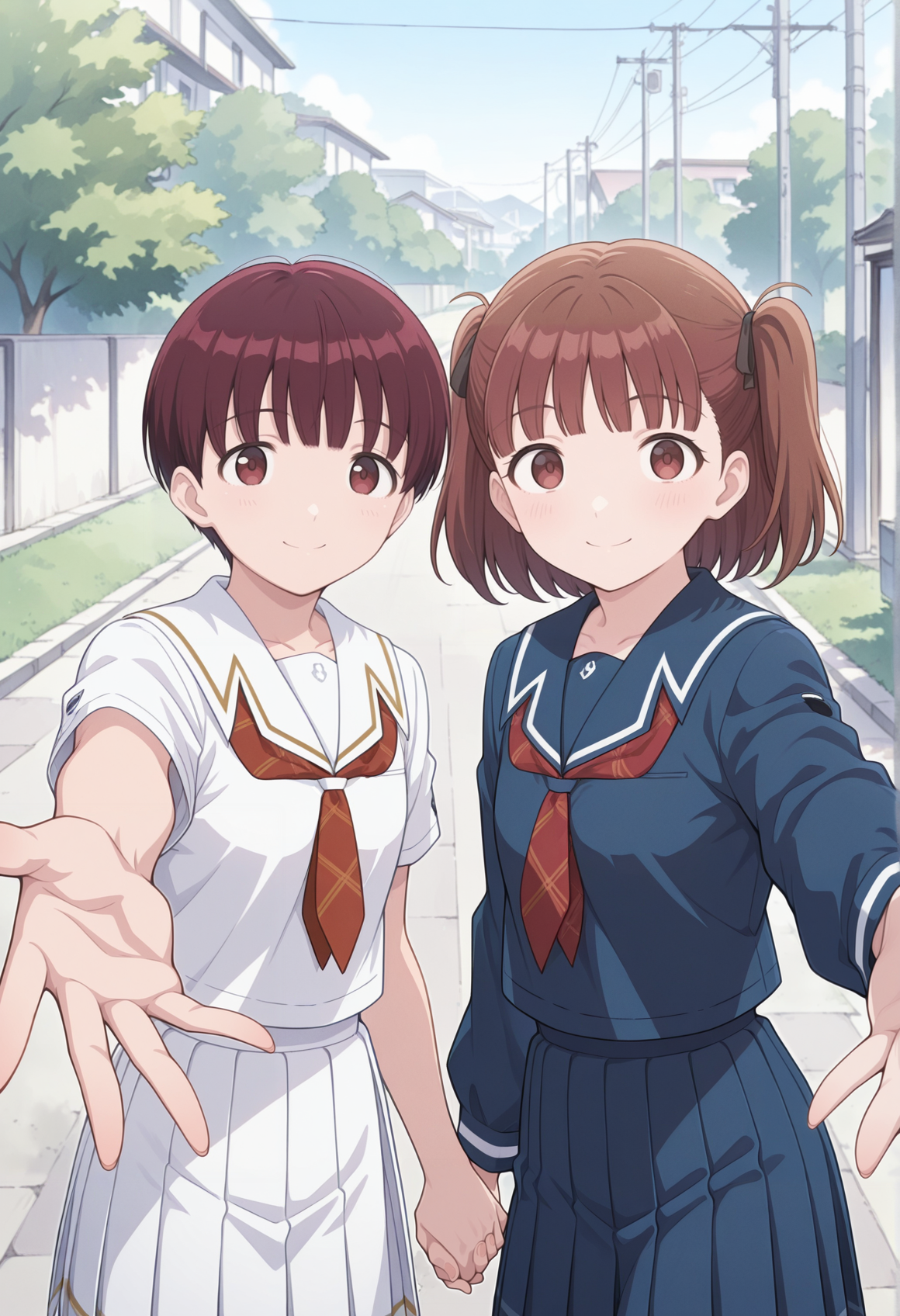 2girls, outdoors, smile, holding hands, reaching towards viewer, 1girl, brown hair, medium hair, twintails, red eyes, girl, red hair, very short hair, brown eyes, white serafuku, pleated skirt, short sleeves 
BREAK
2girls, outdoors, smile, holding hands, reaching towards viewer, 1girl, brown hair, medium hair, twintails, red eyes, blue serafuku, pleated skirt, long sleeves <lora:nana_narumi_kimikiss:1>, masterpiece, best quality, amazing quality, very aesthetic, absurdres, highres, newest