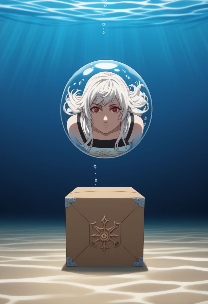 ffxv style, 1girl,solo,mysterious, underwater transparent sealed hemispherical glass dome, white hair,red eyes, full body,barefoot,long hair tranquil nature, koi,Underwater, Dome,close up,Dynamic actions,Lens perspective,(((Box composition))),sit cross-legged and lean against the bookshel,, anime coloring, 2d, flat coloring, cel shading, cel shaded BREAK  PonyXLV6_Scores
