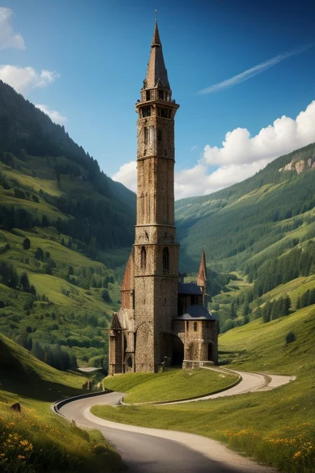 realistic analog photo, award winning photo, stone witow, no humans, scenery, blue sky, road, nature, outdoors, RAW, highres, 8k, uhd, High Dynamic Range, tonemapping, crisp details, portcullis,