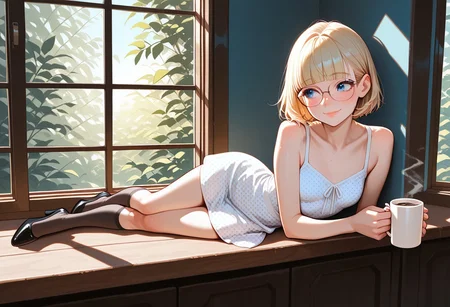 masterpiece, best quality, 32k, high resolution, absurdres, .saly, blonde, eyeglasses, slim, blue eyes, eyeglasses, short hair, blunt bangs, cute face, beautiful lips, small breasts, freckles, shy smile, leaning on high counter, hightop, (looking out the window), dappled sunlight, morning sun, drinking coffee, holding coffee mug, dress, kneehighs, polka dot, black heels, masterpiece, best quality, newest, absurdres, highres, very awa,