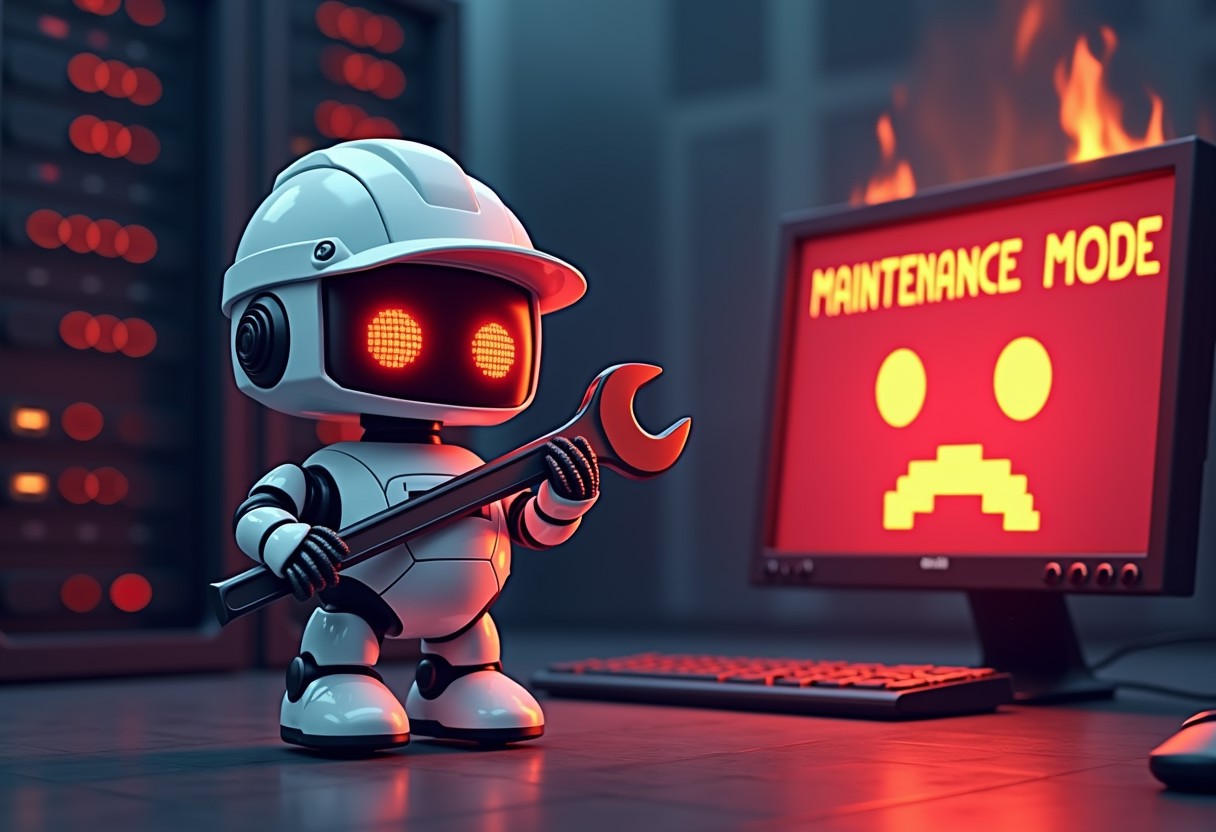 a cute white robot with red pixel eyes holding a wrench with a hard hat, standing in front of a server rack in the background that is smoking and beginning to catch fire with a monitor in the back that says "MAINTENANCE MODE" in a red pixel font with a red pixel sad face