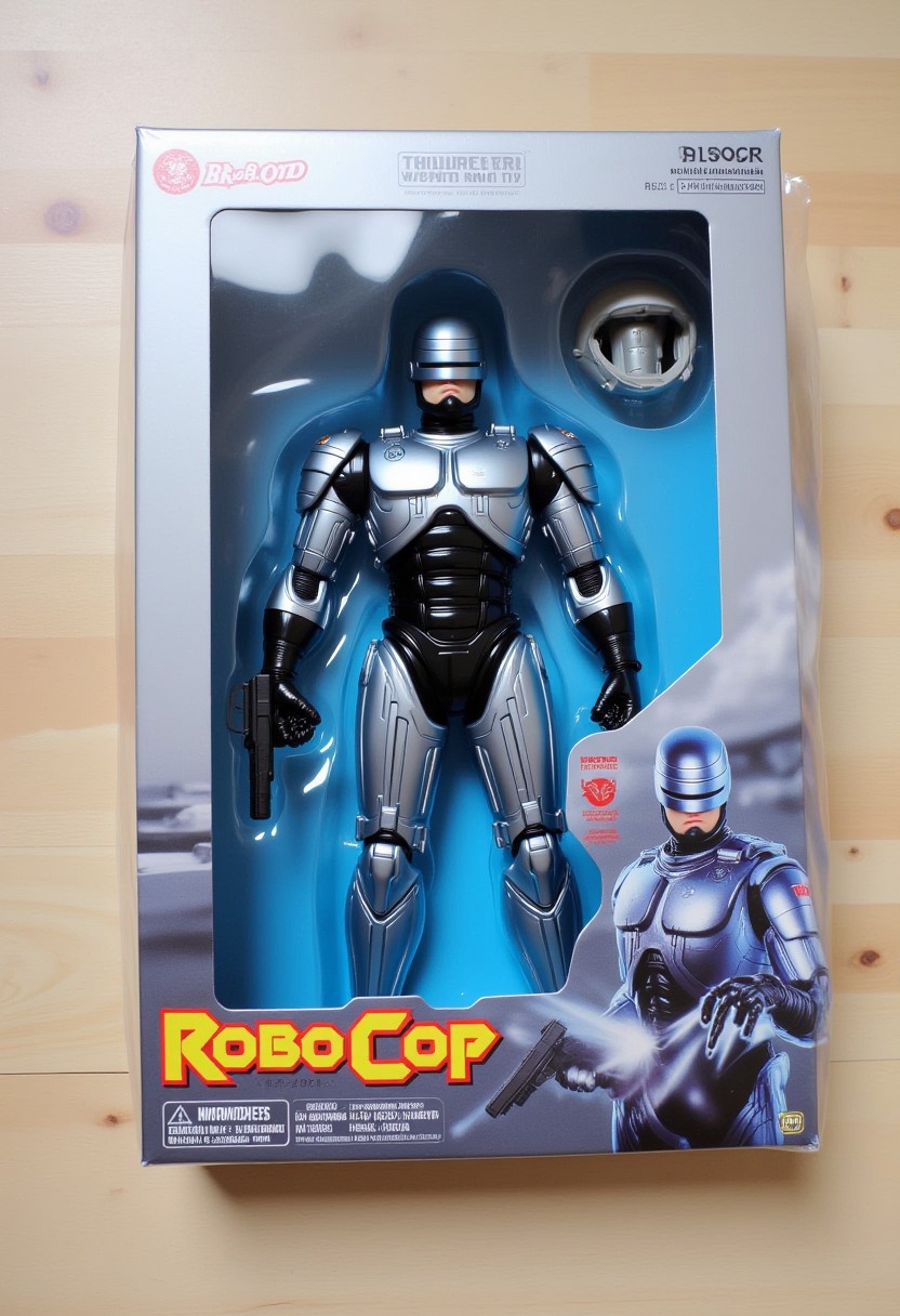 The image is a photograph of a packaging box for the action figure of RoboCop, a character from the 1987 film of the same name. The box is made of cardboard and has a metallic silver and blue color scheme, with a futuristic, high-tech aesthetic. The box is laid flat on a light wooden surface, showcasing the figure prominently in the center. RoboCop, a towering figure, stands in a heroic pose, dressed in his signature armor. His pistol is an accessory in the package.