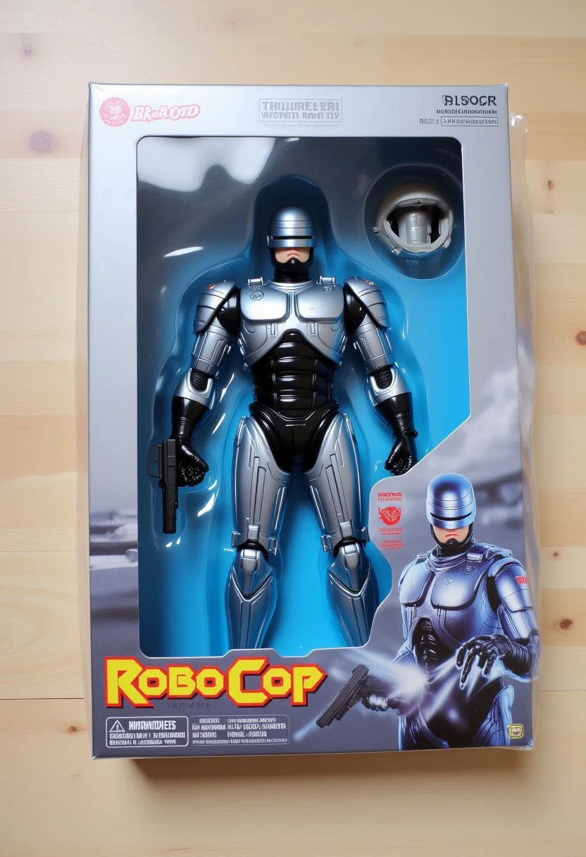 The image is a photograph of a packaging box for the action figure of RoboCop, a character from the 1987 film of the same name. The box is made of cardboard and has a metallic silver and blue color scheme, with a futuristic, high-tech aesthetic. The box is laid flat on a light wooden surface, showcasing the figure prominently in the center. RoboCop, a towering figure, stands in a heroic pose, dressed in his signature armor. His pistol is an accessory in the package.