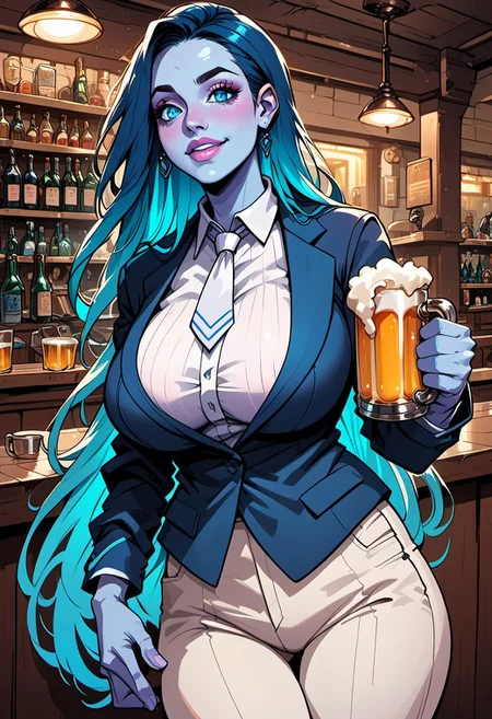 commix style, score_9, score_8_up, score_7_up, 1woman, mature, (blue skin:1.3), detailed blue eyes, large round eyes, bright eyes, (long dark blue hair:1.4), fiery hair, gradient_hair to light neon blue, (very long hair), blue lipstick, huge breasts, white jacket, blue shirt, white necktie, white pants, blue armband, white suspender, suit, holding beer, indoors, saloon, wild west, old West, bar,