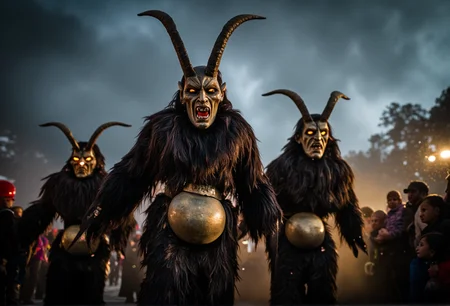 A scene of three Krampus figures marching during a Krampuslauf event with large, decorated bells and glowing eyes, surrounded by terrified children, under a dramatic, stormy sky, with snowflakes gently falling, creating a sense of foreboding magic, in sharp focus, with crisp details, and a freeze-frame effect.<lora:bv-krampus-v1.safetensors:1.0:1.0>