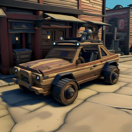 wooden pirate-themed car in a cyberpunk city <lora:Pirates-Kytra-XL-32dim-V1-000040:1.0> sotprt pirate, realistic shadows, realistic lighting, high-quality textures