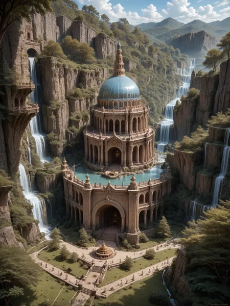 ethereal fantasy concept art of score_8-up, score_7_up, high point of view, landscape, impressive scenery, general view of ancient city, massive elven monument, majestic white building, elven architecture, curved lines, perfect contrasts, detailed dark shadows, lossless details highlights, innovative composition <lora:Majestic-Fantasy-Architecture-V2_ponyXL_LOREVER:0.7> mafarch, outdoors, lost in a forest, trees, detailed leafs, waterfalls, bright lights, magnificent, celestial, ethereal, painterly, epic, majestic, magical, fantasy art, cover art, dreamy