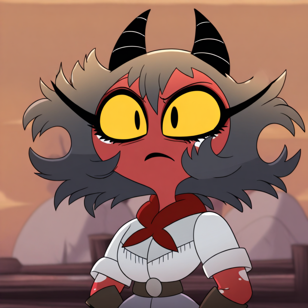 masterpiece, best quality, newest, absurdres, highres, anime, anime style, HB-ARTSTYLE-V1.0, 1girl, HelluvaBossLINv1, imp, demon girl, short, short posture, horns, black horns, yellow sclera, colored skin, colored sclera