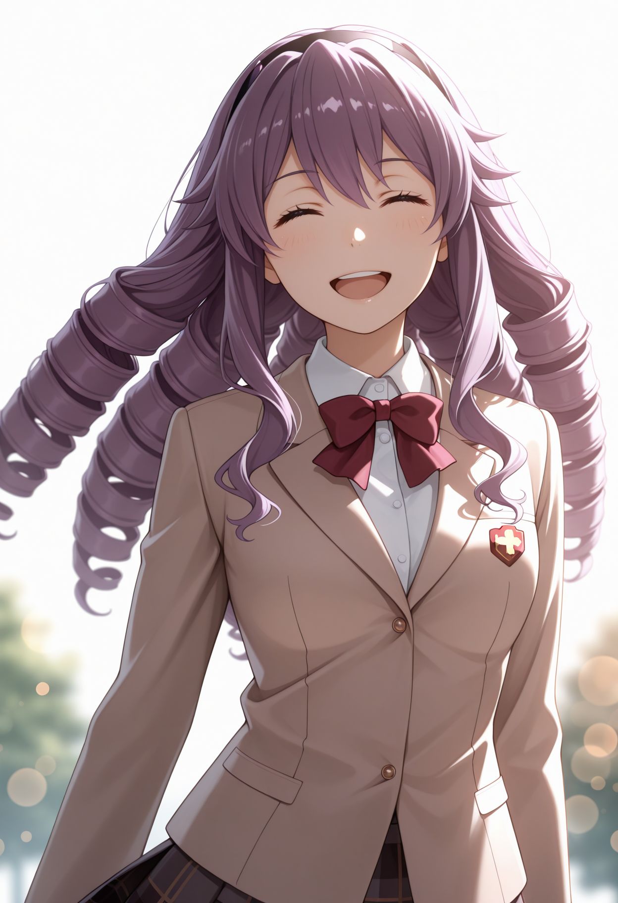 masterpiece,best quality,absurdres,highres,very aesthetic,high quality,detailed,insanely detailed,beautiful,perfect lighting, ,depth of field,blurry background,bokeh, looking at viewer, smile, 1girl, closed eyes, , smile, open mouth, white background, simple background, 
tokiwadai school uniform, winter uniform, red bowtie, brown jacket, dress shirt, white shirt, collared shirt, long sleeves, plaid skirt, pleated skirt, miniskirt,
 <lora:Hokaze Junko illu_2:1> 1girl, long hair, purple hair, hairband, purple eyes, drill hair