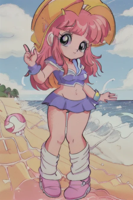 1girl, 80's anime style, <lora:TFM_FTA:0.7>, <lora:princessChiChiDragonBall_v10:1> princesschichi, as a nurse at a beach, waves, sunny day, sandcastles and buckets full of sand, beach umbrella, beach ball