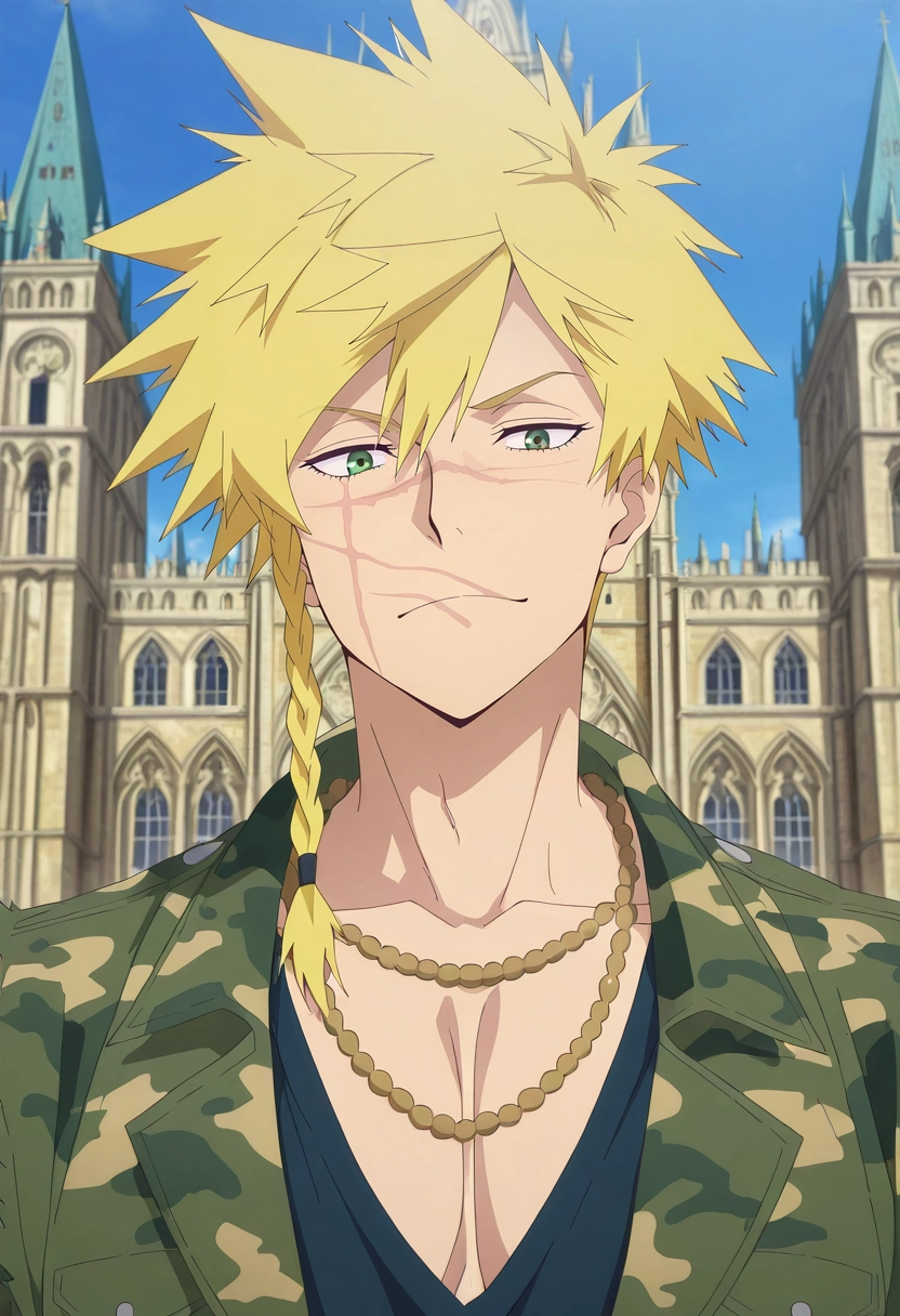 masterpiece, best quality, , anime screencap, anime coloring, official style, looking at viewer, 1boy, solo, male focus, <lora:choubei_aza_ilxl:1>, choubei_aza, blonde hair, brown eyes, long hair, braid, spiked hair, scar, scar on face, necklace, Cologne Cathedral, Germany, towering spires, gothic architecture, gazing up, solemn expression, afternoon light, camo costume