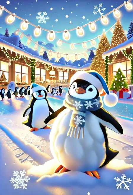 Animal Christmas, masterpiece, best quality, Penguin, Santa hat, scarf, snowy igloo, ice ring, ice skating, Christmas tree, snowflakes, holiday decorations, glowing lantern, candy cane, warm lights, ice backdrop, polar night, cheerful mood