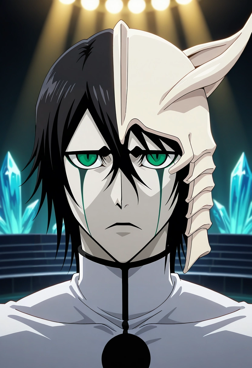 masterpiece, best quality, , anime screencap, anime coloring, , , , 1boy, solo, male focus, <lora:ulquiorra_cifer_ilxl:0.98>, ulquiorra_cifer, black hair, green eyes, facial mark, hair between eyes, arrancar, mask, short hair, crystal theater, gem seats, light stage, performance space, performing pose, dramatic expression, stage lighting,