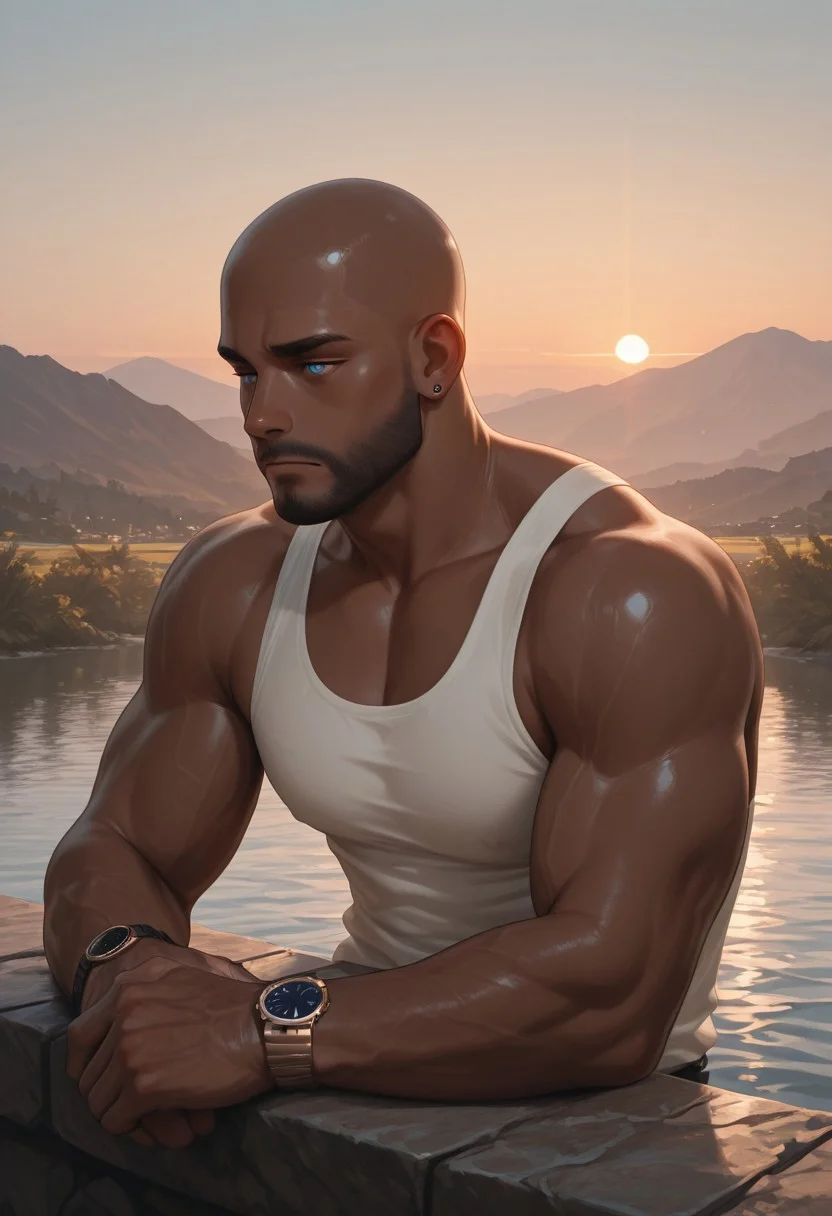 masterpiece, best quality, amazing quality, absurdres, newest, detailed background, definition so sharp, Ultra-HD, 8K cinematic, very awa, impressionate, amazing quality, highres,
1boy, mbti_estj, muscular man, mature man, bald, dark skin, facial hair, blue eyes, watch, solo, lakeside, golden hour, gentle breeze, calm water, serene, natural light, soft glow, contemplating, looking at view, relaxed posture, earth tones, tranquil atmosphere, high quality, aesthetic, landscape