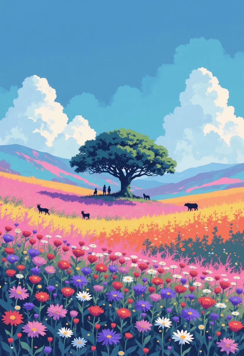 A vibrant and surreal landscape featuring rolling hills covered in vividly colored fields of flowers, transitioning seamlessly between shades of pink, orange, yellow, and blue. At the center of this picturesque scene stands a huge solitary, lush green tree, its foliage perfectly rounded and vibrant against the azure sky. /The tree is surrounded by tiny silhouettes of different animals: fox, rabbit, bear, dear, owl, wolf.
The foreground is alive with a riot of colorful wildflowers in full bloom, with petals of vivid pinks, purples, reds, and whites creating a dynamic and immersive texture. Each flower is rendered in intricate detail, contrasting beautifully with the soft, sweeping gradients of the hills in the background. The unique coloration of the hills, including an eye-catching striped blue and pink section, gives the scene a dreamlike, almost painterly quality.
Above, the sky is a crisp, clear blue, dotted with soft, fluffy white clouds in the daylight. God rays. The bright, saturated color palette evokes feelings of joy, holiness, wonder, and tranquility, while the surreal arrangement of the landscape adds an otherworldly charm.
This scene captures themes of harmony, natural beauty, and the blending of reality and fantasy. intricate details, rich textures of the hills, and the luminous quality of the sky. Emphasize the surreal gradients and the dreamlike atmosphere to fully immerse the viewer in this fantastical setting.
in the style of cksc, i11ustmin Illustration