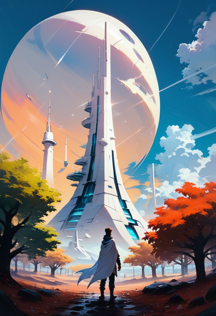 score_9, score_8_up, score_8, zPDXL, 
BREAK,
scifi, solo, 1boy, standing, male focus, outdoors, sky, day, cloud, from behind, cape, tree, blue sky, building, white tower,