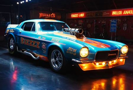 VintageMuscleCar gleaming dragster tunnel, side view, bright headlights, neon lights, glass background, light reflections, 4K, highly detailed, closeup (stylish grainy analog film photo 35mm, "BUZZ")