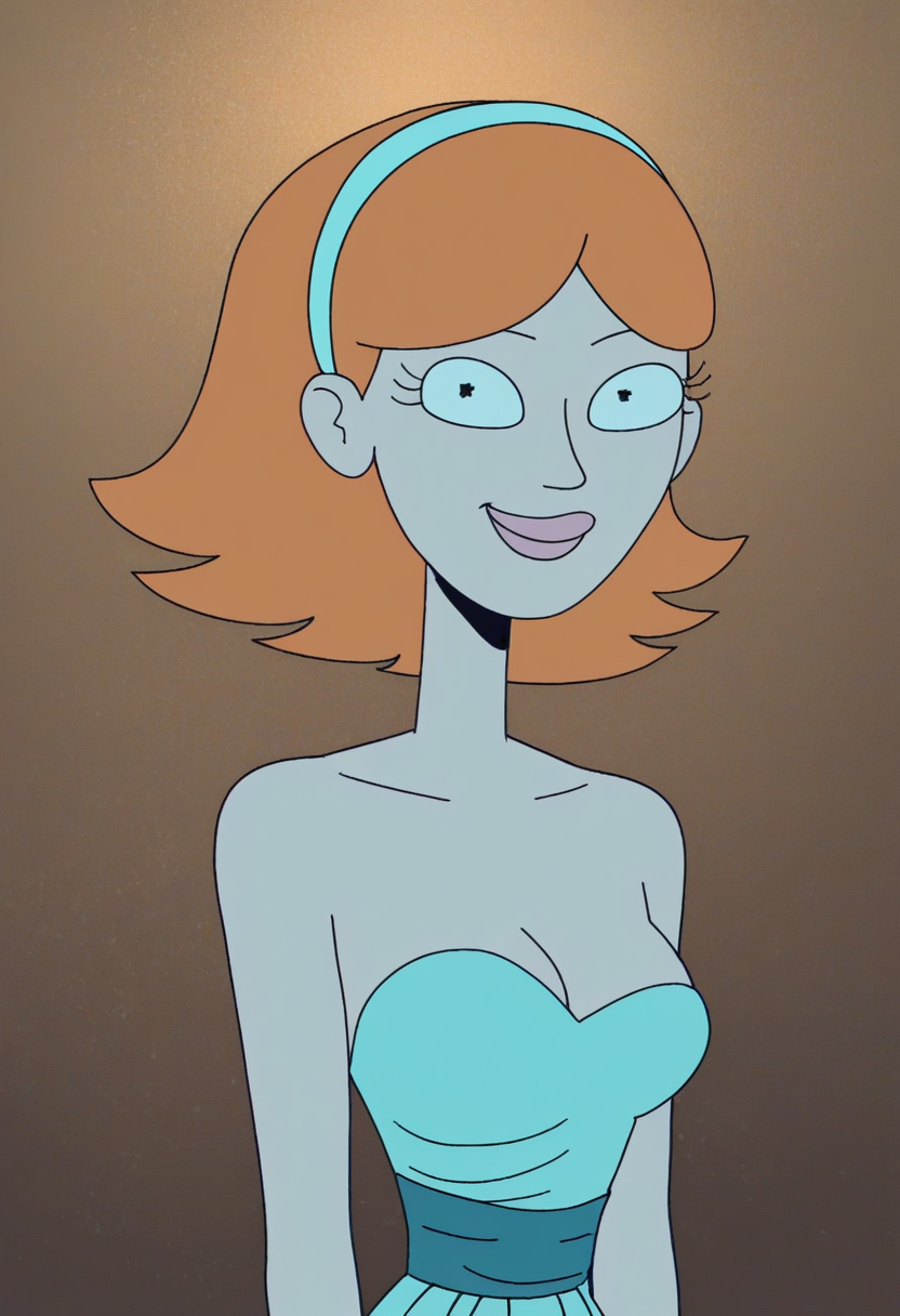 Jessica, 1girl, orange hair, hairband, breasts, smile, hair ornament, cleavage, short hair, blue dress, medium breasts, looking at viewer, score_9, score_8_up, score_7_up, score_6_up, score_5_up, score_4_up upper body, <lora:JessicaRMPony1.0:1>  zPDXL