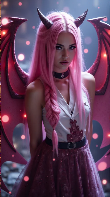 a professional photo shot of a breathtakingly beautiful caucasian woman, 25 yo, long pink hair with a herringbone braid, large demon wings, ((no demon horns)), ((japanese school girl uniform)), pale skin, diamond shaped face, She has a glamour and slender body with narrow hips, magical circles as background, magical lights, light particles, dungeon, <lora:Dever_Flux_Enhancer:0.47> <lora:breast-size4:-1.65> <lora:Hand v2:1> Perfect hand <lora:pose_dev_f1:0.75> <lora:sameface2:-0.2> <lora:Neon_Cyberpunk_Papercut_1_FLUX:1> mad-pprct1