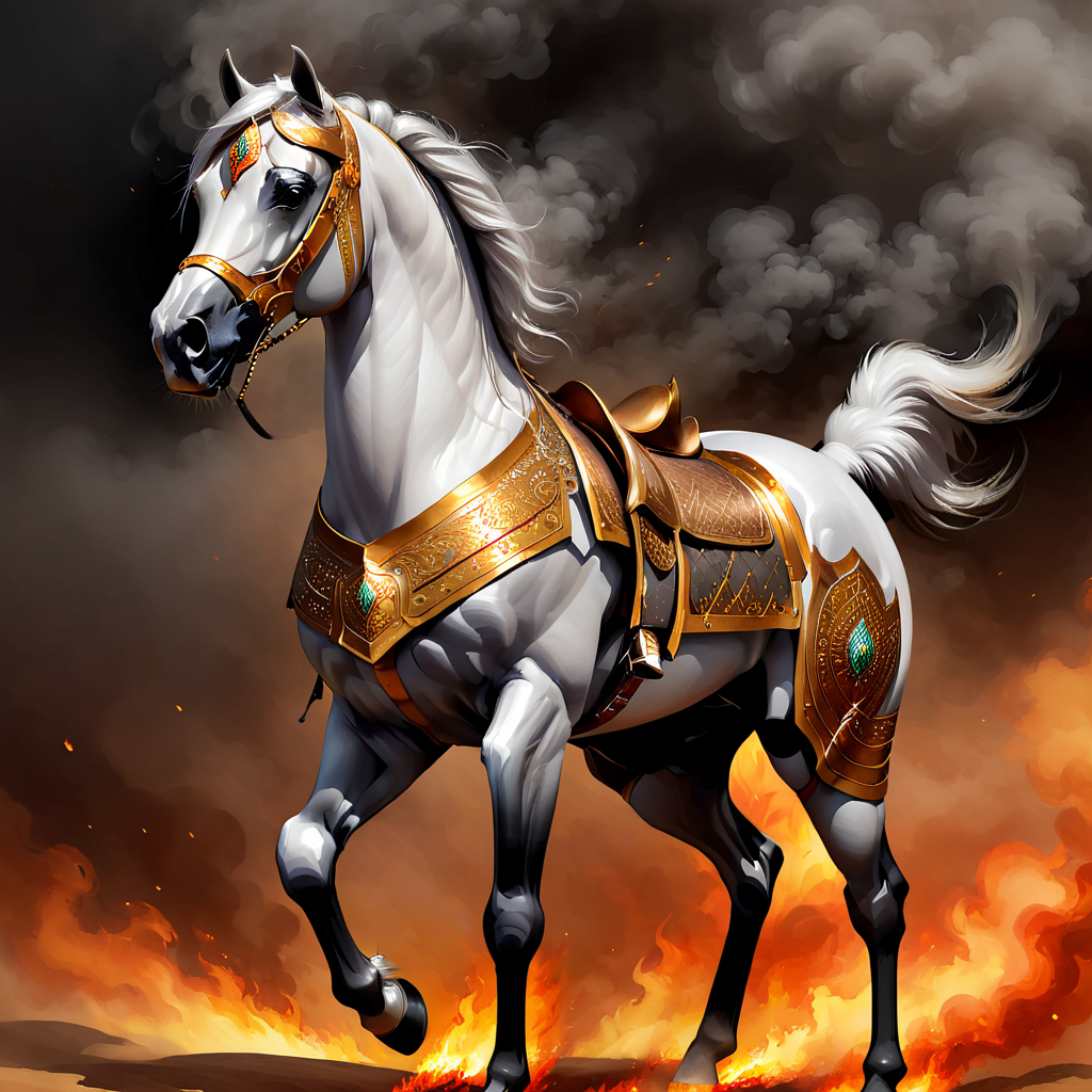 arabian horse, wearing armor, armored, standing, full body, fire, smoke, digital painting <lora:Horse_Breeds-000012:1>