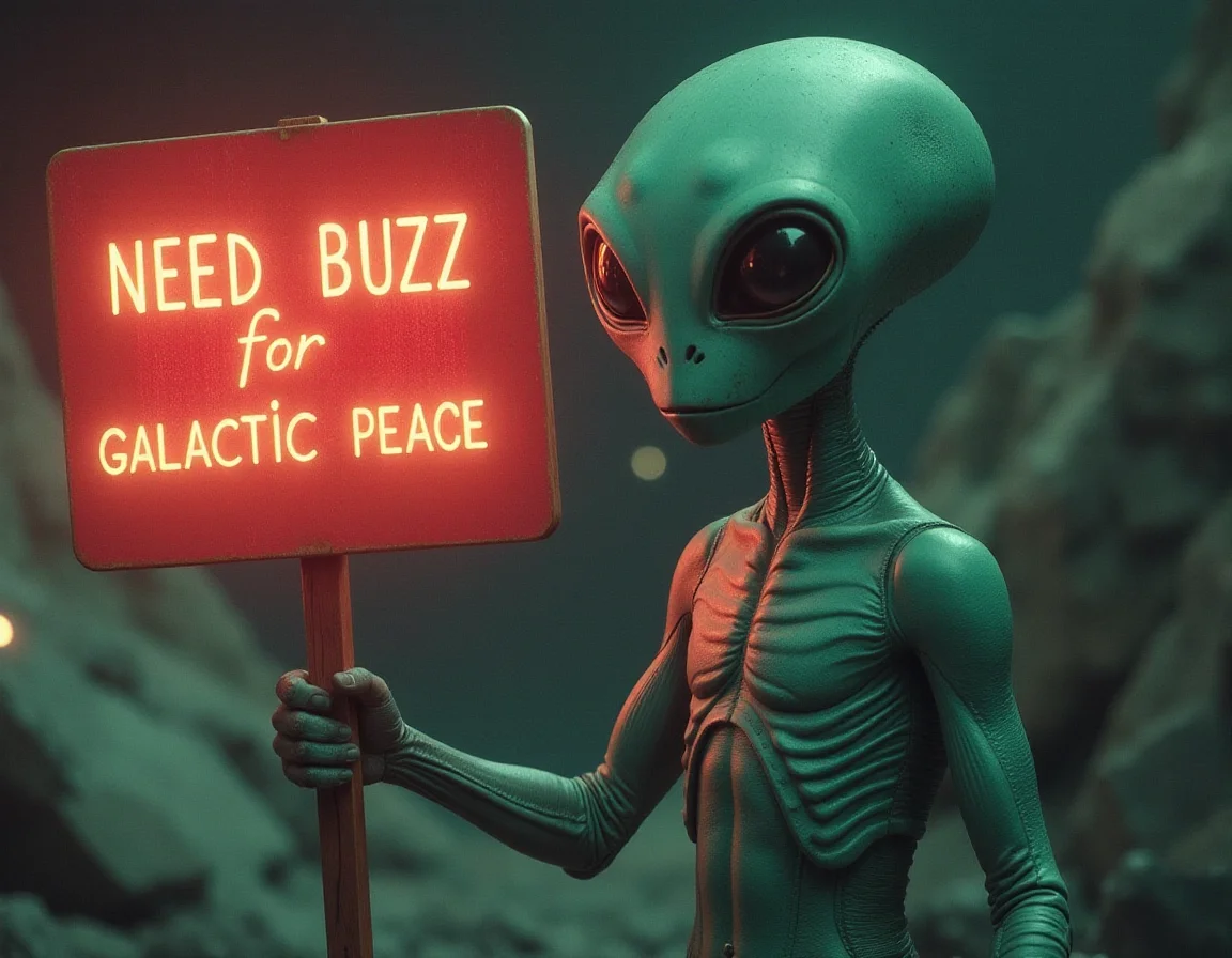 cinematic film still retro-futuristic alien holding sign it say " need buzz for galactic peace  "  . vintage sci-fi, 50s and 60s style, atomic age, vibrant, highly detailed . shallow depth of field, vignette, highly detailed, high budget, bokeh, cinemascope, moody, epic, gorgeous, film grain, grainy