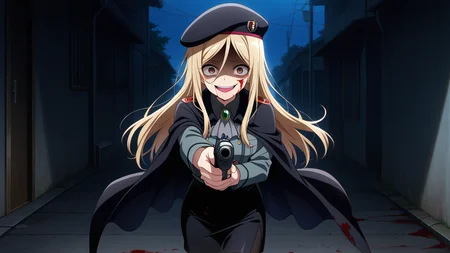 solo, looking at viewer, evil smile, open mouth, blood on face, dark, night, evil grin, blood, blood on face, shaded face, pointing at viewer, blood on clothes, crazy, crazy face, crazy eyes,, masterpiece, best quality, amazing quality, very aesthetic, absurdres, newest, anime screencap, <lora:takanoILM:1>, takano miyo, long hair, very long hair, blonde hair, parted bangs, brown eyes, hair between eyes, military, military uniform, hat, beret, black cape, green brooch, green gemstone, black skirt, grey shirt, collared shirt, grey ascot, green ribbon, pantyhose, black pantyhose, pencil skirt, side slit, tight clothes, holding, holding gun, weapon, handgun, beretta 92, finger on trigger,