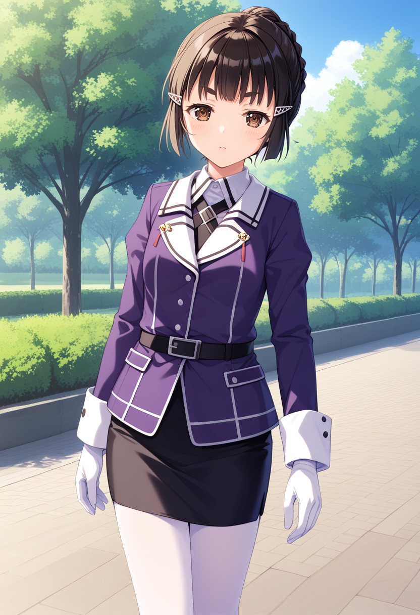 solo, cowboy shot, park, standing,  <lora:KC_03HC_myoukou_pony:1> myoukoukc, black_hair, short hair,  hair bun, single bun, short eyebrows, single braid, brown eyes, sidelocks,      myoukoukaikc, purple_jacket, military uniform, white shirt, white gloves, long sleeves, black skirt, pencil skirt, white pantyhose, camouflage boots,, score_9,score_8_up, score_7_up, source_anime, masterpiece, best quality,  official art, official style, game cg, megami magazine, rating_safe, rating_questionable, <lora:Fixhands_anime_bdsqlsz_V1:0.75>, NEGATIVE_HANDS