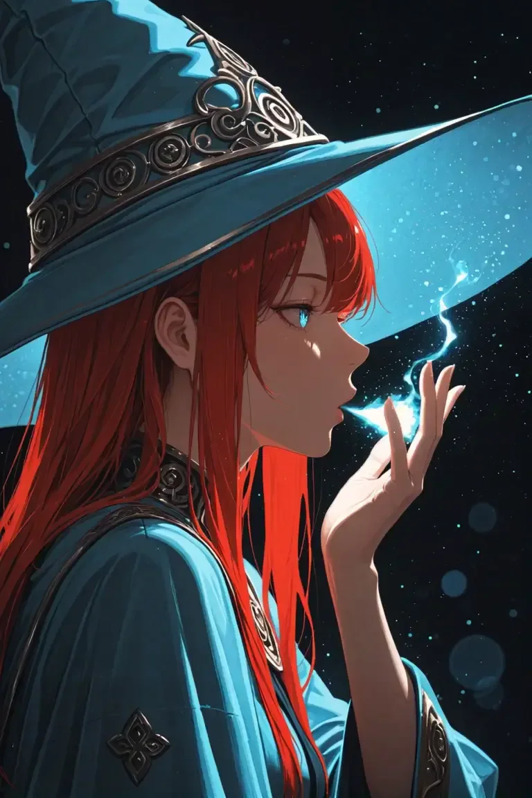 from side, profile, blowing, blowing glowing particles, glowing, spores, hand up, face focus, breath focus, hand focus, hat focus,
1girl, wizard, ginger hair, red hair, long hair, wizard hat, light blue hat, wizard robe, light blue robe, portrait,
abstract background, simple background, dark background, bokeh particles, blue palette, limited palette, color contrast, local color adaptation,,,masterpiece, best quality, best resolution, absurdres, highres,