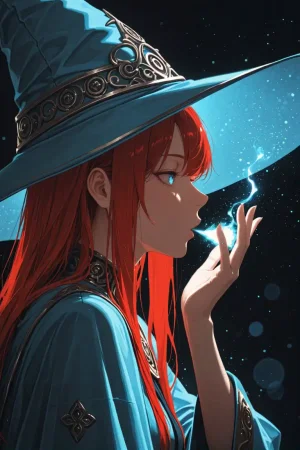 from side, profile, blowing, blowing glowing particles, glowing, spores, hand up, face focus, breath focus, hand focus, hat focus,
1girl, wizard, ginger hair, red hair, long hair, wizard hat, light blue hat, wizard robe, light blue robe, portrait,
abstract background, simple background, dark background, bokeh particles, blue palette, limited palette, color contrast, local color adaptation,,,masterpiece, best quality, best resolution, absurdres, highres,