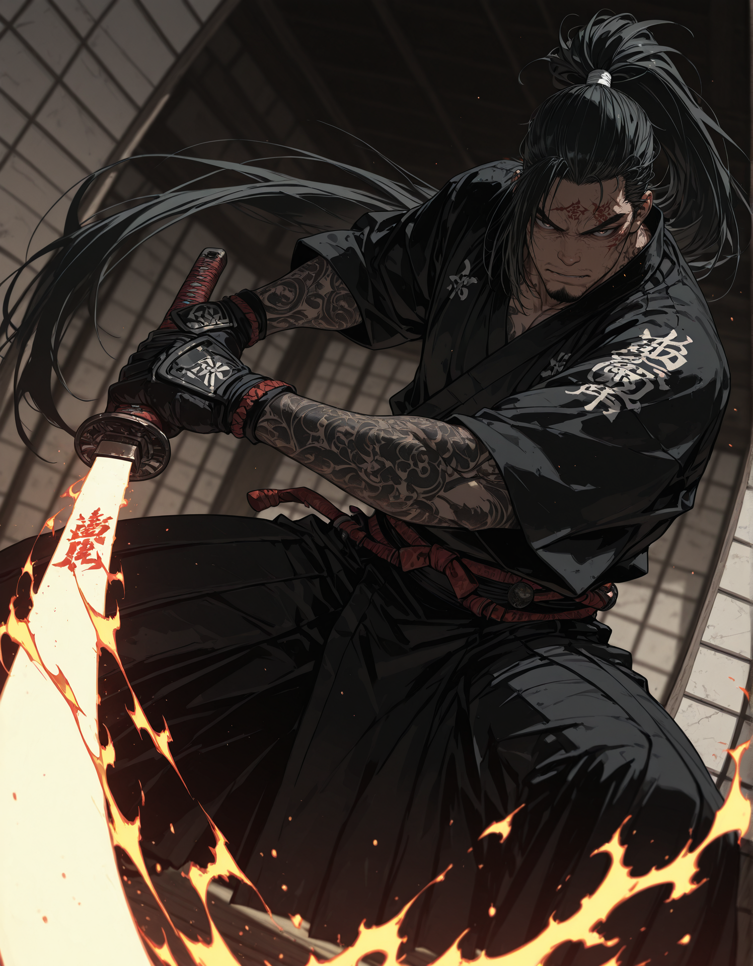 masterpiece, best quality,high quality, newest, highres,8K,HDR,absurdres, 1boy, solo, samurai man, goatee, very long hair, ponytail hairstyle, mix of grey and black hair, tattoo on forearm, black kimono, holding one flaming sword, fire magic , dynamic pose, intense lighting, detailed background, depth of field, dynamic composition, detailed background, dynamic pose, dynamic composition,dutch angle, detailed backgroud,blurry edges, <lora:iLLMythSmo0thL1nes:1> Smo0thL1nes