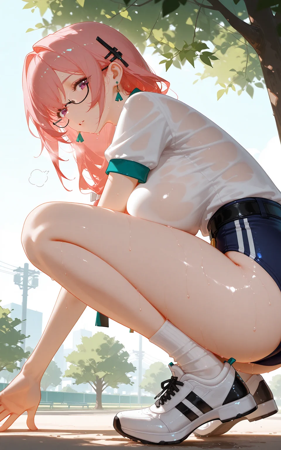 [[artist:binggong asylum]],[[artist:omone hokoma agm]],[[tianliang duohe fangdongye]],[[artist:ciloranko]],[[[artist:misaki12003]]],[artist:sho_(sho_lwlw)],[[ask_(askzy)]],[[artist:rhasta]],
<lora:illustrious_nai3_v2-000018:0.5>,Nai3 style,<lora:xl-ill-tsukishiro_yanagi(zenless zone zero)_v1-000010:0.8>,tsukishiro yanagi\(zenless zone zero\),
1girl,solo,outdoors,park,cowboy shot,squatting,looking at viewer,shiny skin,white shirt,short sleeves,gym uniform,buruma,sweat,white socks,white sneakers,from side,from below,tsukishiro_yanagi,purple eyes,pink hair,long hair,hair ornament,glasses,earrings,ear acessory,