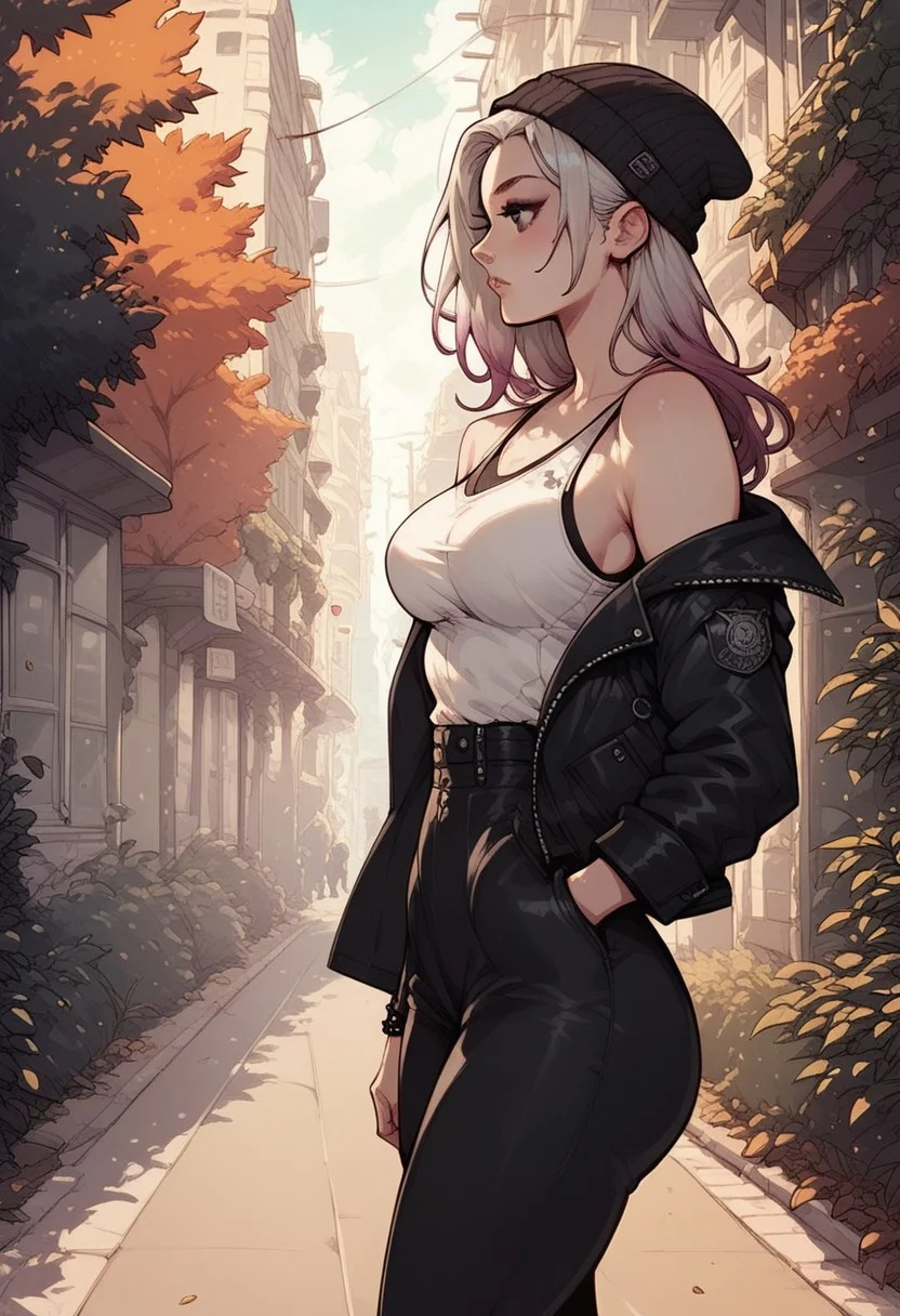 score_9, score_8_up, score_7_up, score_6_up, 1girl,1g0r, Laura, LauraRH, shoulders length hair, straight hair, platinum hair, (violet) gradient hair, dark eyes, cute face, medium breasts, curvy, large hips, pale skin, solo, walking, black leather jacket, white tank top, nipple peek, black leather pants, hands on pocket, street, beanie, autumn scenario, looking away, side view, cowboy shot, closeup