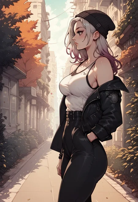 score_9, score_8_up, score_7_up, score_6_up, 1girl,1g0r, Laura, LauraRH, shoulders length hair, straight hair, platinum hair, (violet) gradient hair, dark eyes, cute face, medium breasts, curvy, large hips, pale skin, solo, walking, black leather jacket, white tank top, nipple peek, black leather pants, hands on pocket, street, beanie, autumn scenario, looking away, side view, cowboy shot, closeup