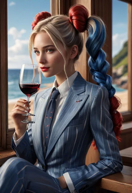gorgeous young Swiss woman sitting by window with glass of wine , wearing with a suit long (white:blue:1.4) and red streaks highlights hair tomboy, mega twintails, soft lips, beach blonde hair, octane render, unreal engine, photograph, realistic skin texture, photorealistic, hyper realism, highly detailed, 85mm portrait photography, award winning, hard rim lighting photography, Movie concept art, trending on ArtStation, ultra-detailed realism, cinematic composition