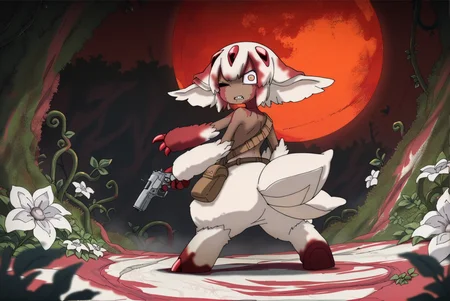 score_9, score_8_up, score_7_up, score_6_up, score_5_up, score_4_up, source_anime, full-length portrait, rear view BREAK mfaputa, arthropod, nude, 4 arms, nude, red claws, metal bra, solo, holding pistol, pistol, belt pouch, standing, looking back, (angry, one eye closed, wide eyed:1.1), blood, blood stain, jungle, vine, mottled ground, night, red moon, bush, white flower, detailed background, clutter, dynamic, intricate <lora:Made In Abyss - CharactersXL v0.6b-000005:1> <lora:zy_Detailed_Backgrounds_v1:0.75>