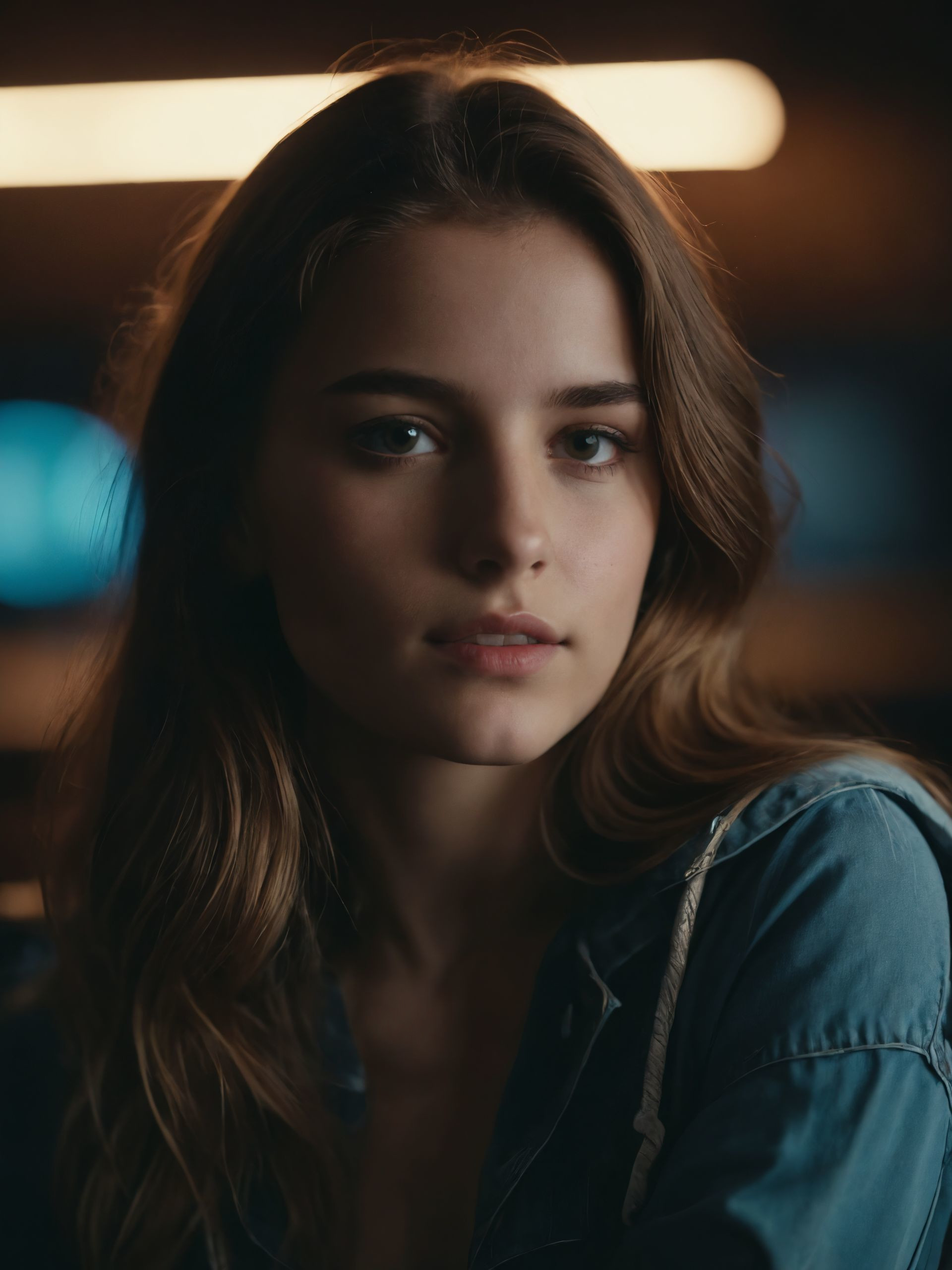 cinematic film still 1 Caucasian girl, 18 years old, portrait, indoors, professional soft lighting, dark theme, cinematic, neon light,, cinematic  photorealistic, 8k uhd natural lighting, raw, rich, intricate details, key visual, atmospheric lighting, 35mm photograph, film, bokeh, professional, 4k, highly detailed . shallow depth of field, vignette, highly detailed, high budget, bokeh, cinemascope, moody, epic, gorgeous, film grain, grainy