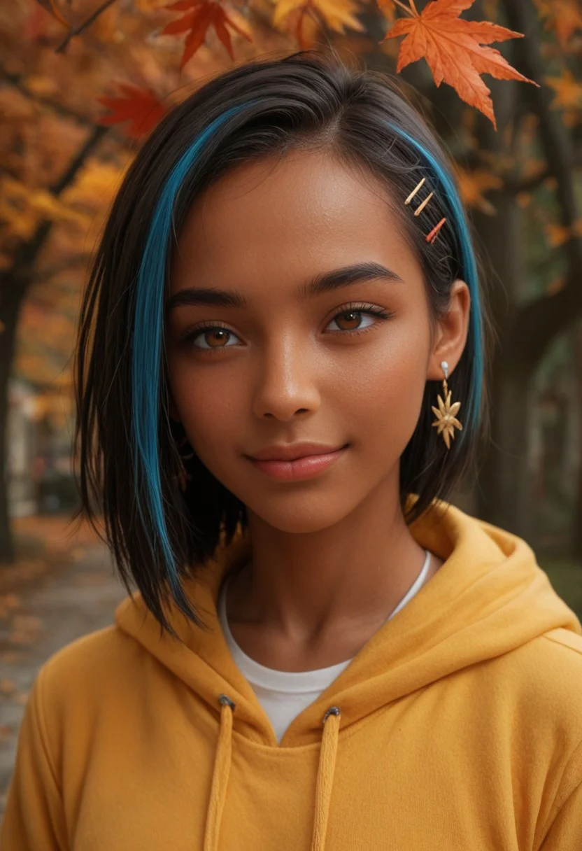 score_9, score_8_up, score_7_up, score_6_up,
1girl, 25 years old, perfect face,
dark-skinned female, adult,
brown eyes,
streaked hair, black hair, blue hair, asymmetrical bangs, hair ornament, hairclip, earclip,
yellow hoodie,
licking lips, naughty face, pervert,
night town, autumn, autumn leaves,
portrait, face focus, detailed face, shy smile, blush
