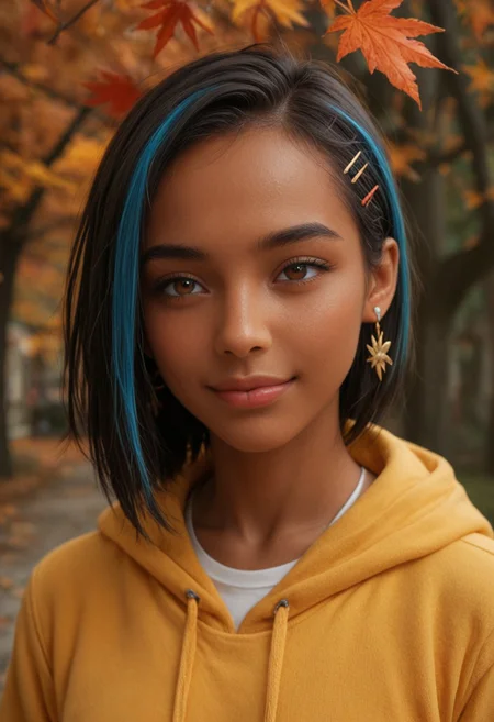 score_9, score_8_up, score_7_up, score_6_up,
1girl, 25 years old, perfect face,
dark-skinned female, adult,
brown eyes,
streaked hair, black hair, blue hair, asymmetrical bangs, hair ornament, hairclip, earclip,
yellow hoodie,
licking lips, naughty face, pervert,
night town, autumn, autumn leaves,
portrait, face focus, detailed face, shy smile, blush