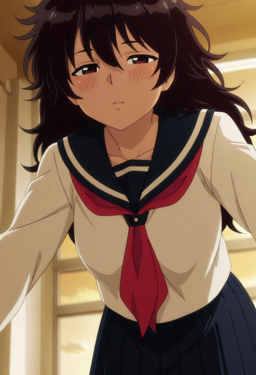 masterpiece,perfect quality,best quality,absolutely eye-catching,absurdres,highres,newest,anime coloring, anime screencap,(1girl,solo),Calligraphy_Girl, long hair, messy hair, black hair, large breasts, serafuku, school uniform, red neckerchief, blue skirt, long skirt, blush, kabedon, bent over, pov, close up, from below, looking at viewer,indoors, classroom, evening, orange theme