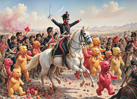 a military battle with a general on a horse leading a group of gummibears into an epic battle
<lora:Napoleonic_Battle_SDXL:0.8>