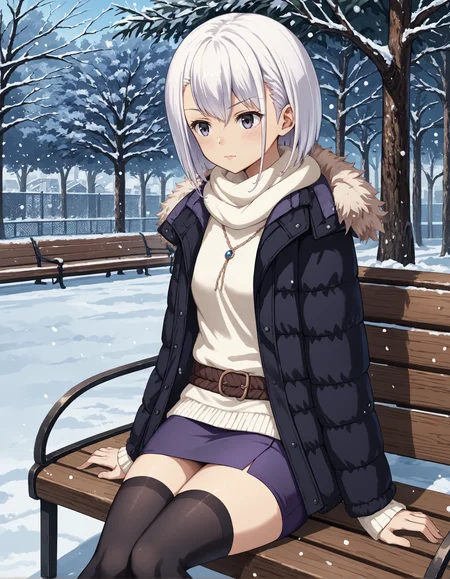 score_9, score_8_up, source_anime, 1girl, upper body, medium shot, detailed, mgrcizumikanagi, kngwtr, white hair, short hair, grey eyes, white sweater, winter black open coat, necklace, brown rope belt, purple pencil skirt, black thighhighs, bench, sitting, outdoors, park, hands on lap, winter, snow, (side view:0.6), <lora:mgrcizumikanagi_XL:1>