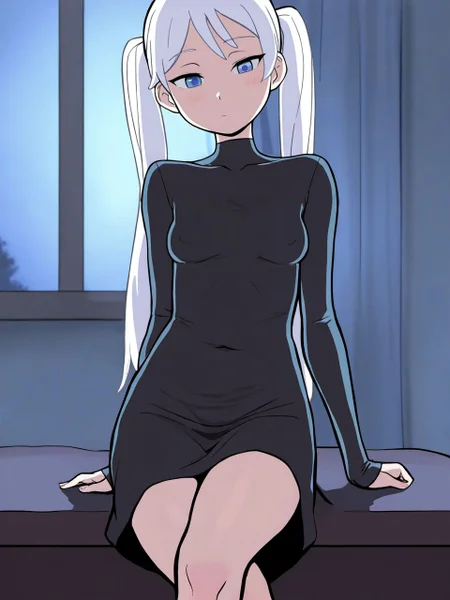 masterpiece, best quality, amazing quality, very aesthetic, high resolution,
gns1s1r, 1girl, twintails, solo, sitting, dress, black dress, crossed legs, long sleeves, sleeves past wrists, white hair, breasts, indoors, Night Time,
<lora:gnsisir_style_v2_epoch_7:0.9>,