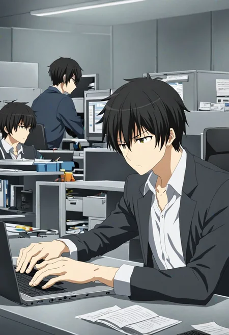 high resolution, solo, best quality, 1Boy, Kanie Seiya, Black Hair, worker, working, workstation, concentration, focus, laptop, OverallDetail