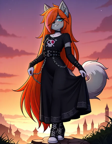 masterpiece, best quality, very aesthetic, absurdres,
outdoors,
full body, standing, posing, 
goth fashion, 
seductive smile, parted lips, long eyelashes,
<lora:Kayla_Kitsune_v01_NAIXL:1>
K4yl4_K1tsun3,1girl,solo,furry,furry female,very long hair,multicolored hair,orange hair,pink hair,streaked hair,hair over one eye,wolf ears,earrings,blue eyes,freckles,snout,animal nose,body fur,two-tone fur,wolf tail