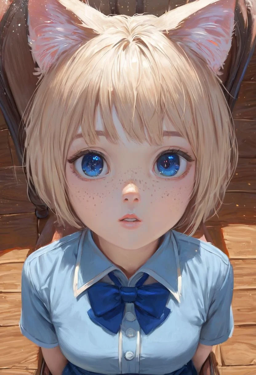 score_9, score_8_up, score_7_up, masterpiece, perfectly detailed, detailed face, detailed eyes, beautiful eyes, source_anime, hi res, masterpiece, best quality, highres, 1girl, , freckles, 1girl, animal ears, looking at viewer, red hair, parted lips, short hair, blue eyes, blue bow, indoors, cat ears, from above, short sleeves, animal ear fluff, blue bowtie, looking up, bangs, pov, sitting, collared shirt, solo focus, wooden floor, chair, blue shirt, borrowed character