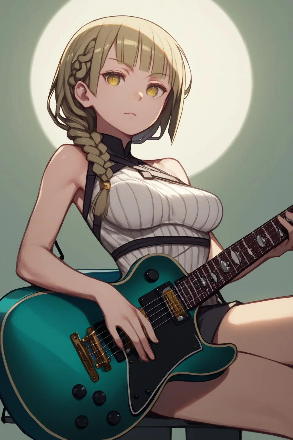 score_7_up, high resolution, 1girl, looking at viewer, air guitar, :>, bronze hair, braid, short fringe, yellow eyes, breasts, grey poncho <lora:kuroboshi_kouhaku_PonyXL_style_v01.09:1>