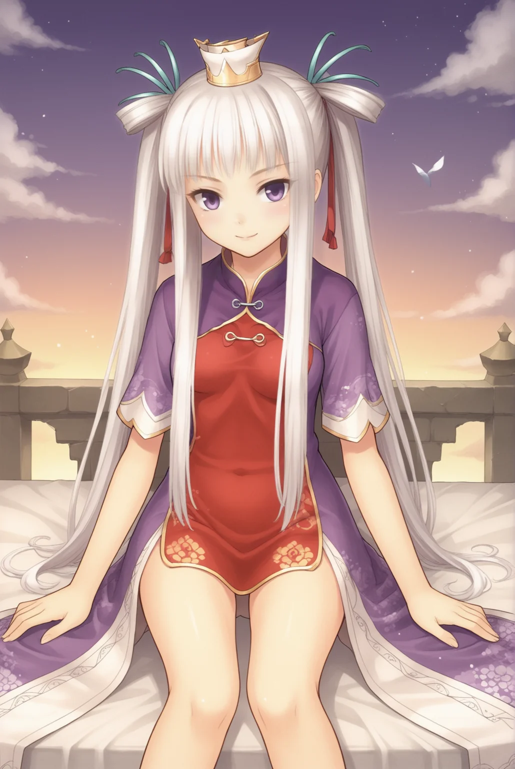 <lora:Houmei:0.7>, Houmei, chinese clothes, sitting, outdoors, smile, looking at viewer, white hair, purple eyes, crown