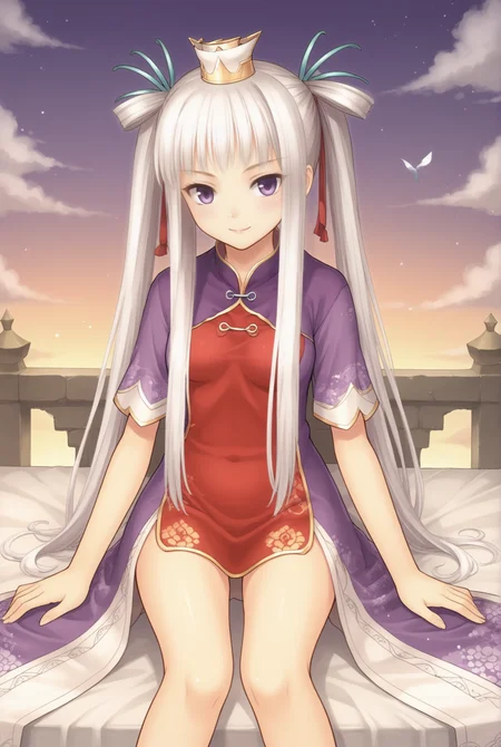 <lora:Houmei:0.7>, Houmei, chinese clothes, sitting, outdoors, smile, looking at viewer, white hair, purple eyes, crown