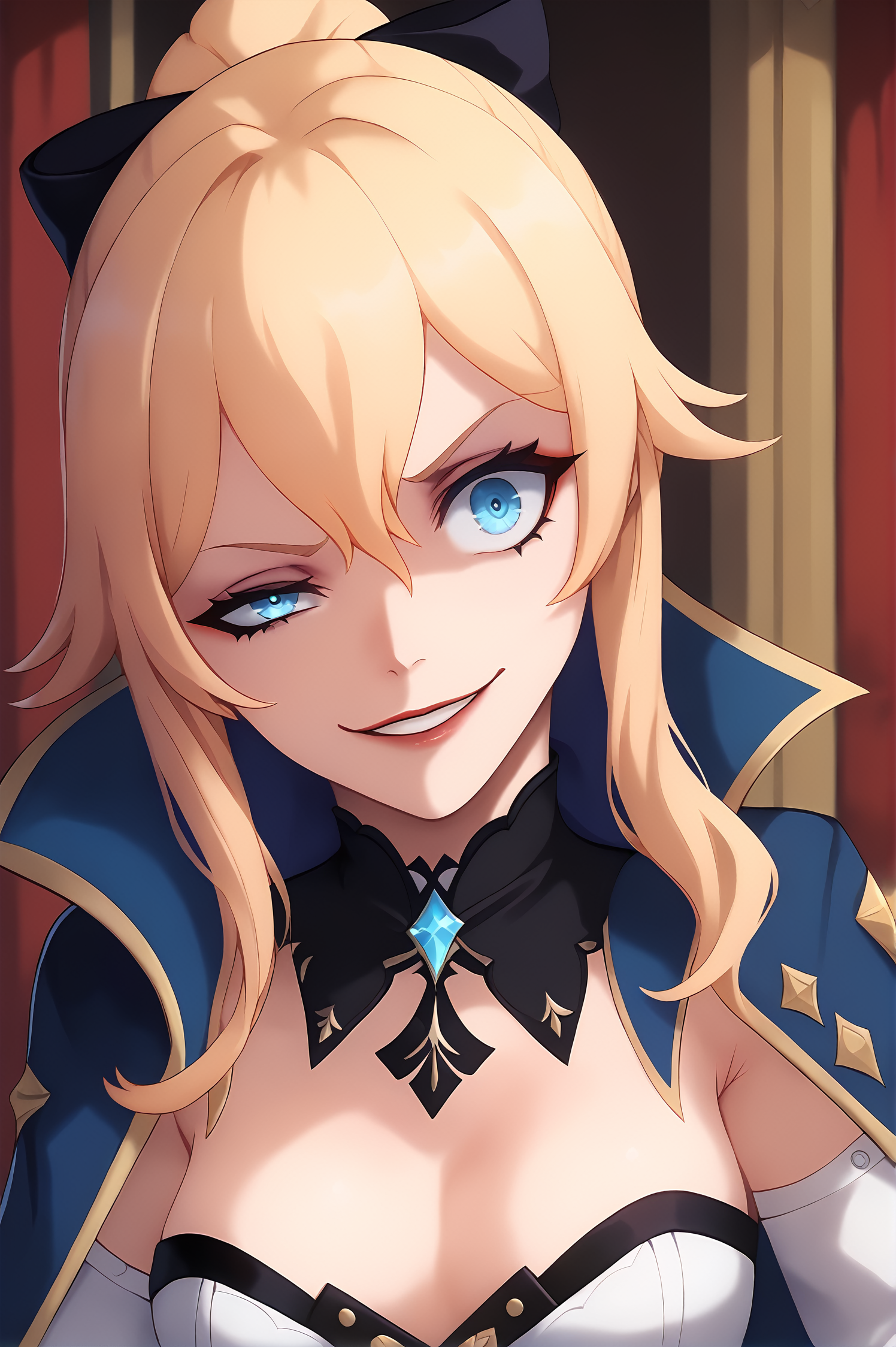 score_9,
<lora:uneven_eyes_v1_pruned>, uneven eyes, 
evil grin, 1girl, 
parted lips, light smile, 
head tilt, 
jean \(genshin impact\),
high resolution, Masterpiece
