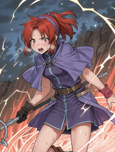 masterpiece,best quality,newest,
solo,1girl,
<lora:chris_ilxl_v1.1:1>,chris,red hair,red eyes,c_clothes,single glove,holding wand,
<lora:Fixhands_anime_bdsqlsz_V1:1>,move,motion blurry,motion lines,dynamic,speed,battle,magic,magical,wizard,sparkling sweat,floating hair,sweating profusely,screaming,sweat,heavy_breathing,looking_at_viewer,staff engulfed in lightning,thunderbolt javelin,magic circle,light particles,charged atmosphere,(motion_blur:1.3),(motion line:1.2),(speed_lines:1.1),fighting_stance,aura effect,constricted pupils,